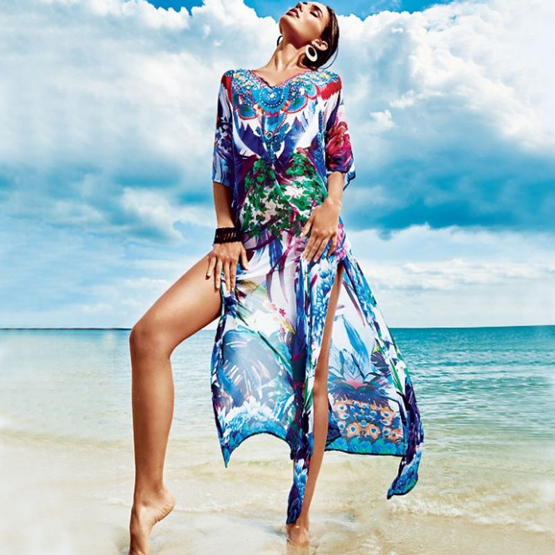 Camicia per protezione solare bikini con vestaglia stampata in chiffon con posizionamento sulla spiaggia da donna _voghion.com
