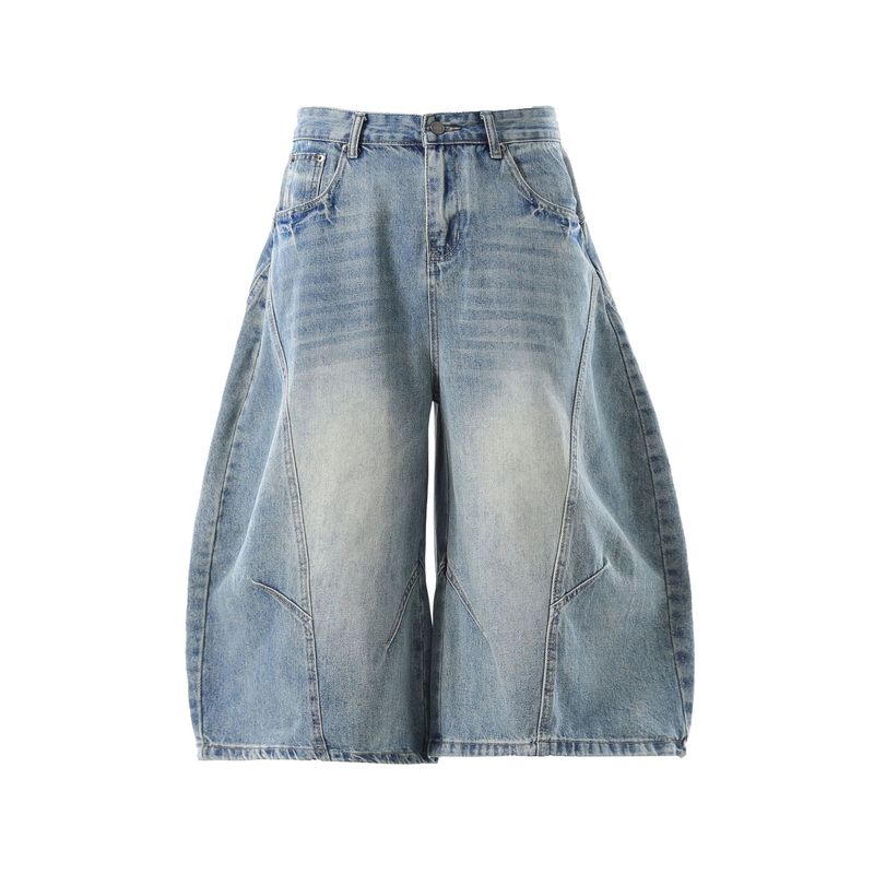 Pantaloncini in denim a scimitarra con silhouette retrò lavata, per uomo e donna, larghi e corti, da strada, per uomo e donna_voghion.com