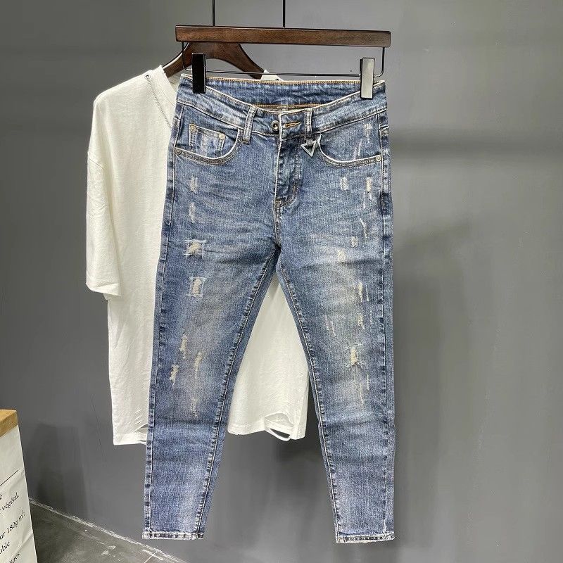 Men's Clothing 2025 New Nine Point Jeans Men's Net Celebrity Skinny Pants Korean Style Trendy Retro Elastic Personality Embroidery Scratched Beggar_voghion.com