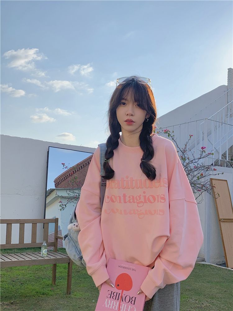 2024 version letter pullover hoodie for women in plus size, loose and versatile round neck top with ins as the_voghion.com