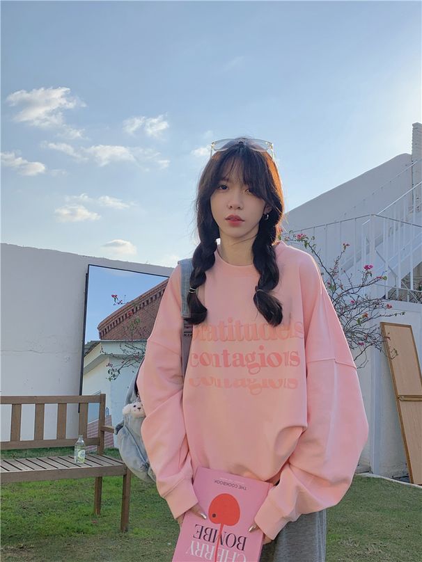 2024 version letter pullover hoodie for women in plus size, loose and versatile round neck top with ins as the_voghion.com