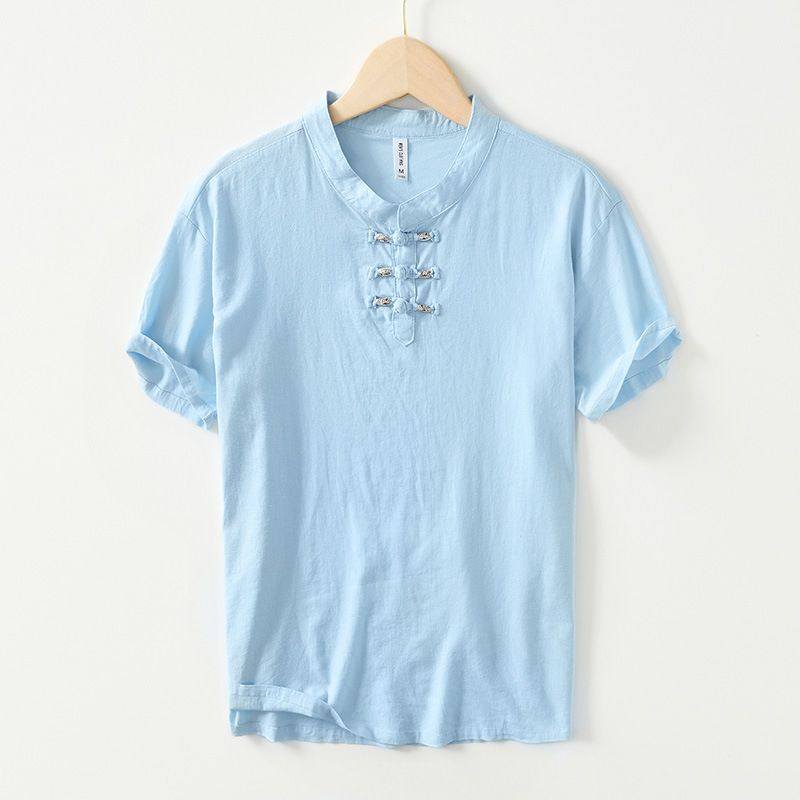 Maglietta casual a maniche corte con fibbia Lucky Pearl da uomo, in lino tinta unita_voghion.com