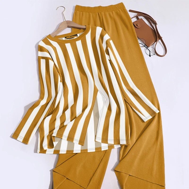 Ensemble deux pièces pour femme, haut rayé à manches longues et pantalon à taille élastique, décontracté et confortable_voghion.com
