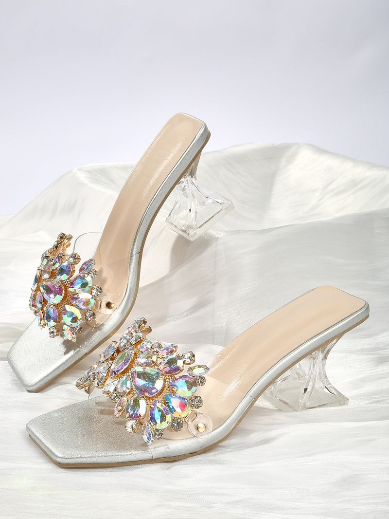 Bright Sier Summer Transparent Crystal Half Trailer High Heel with Thick Heels and Large Sized Outwear Fashion Sandals_voghion.com