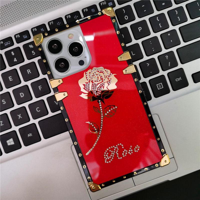 Luxe Glitter Gold Rose Flower Cover Square Diamond Case voor Samsung Galaxy A54 A52 A12 A13 A34 A14 A72 a20S A53 A33 A23 A71_voghion.com