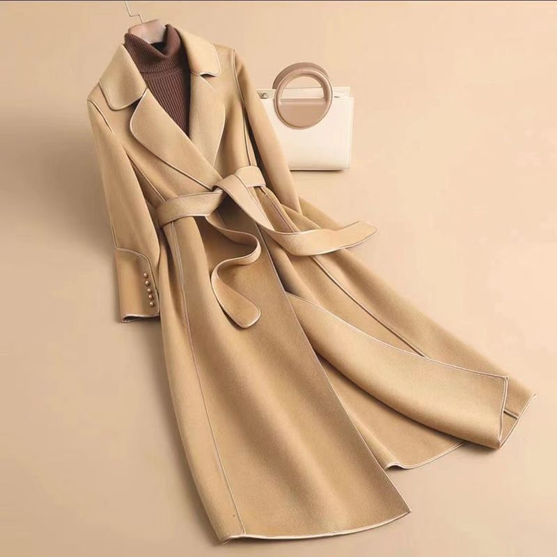 Langer Damenmantel, Live-Übertragung, doppelseitiger warmer Wollmantel, handgefertigter Trenchcoat aus Wollanzugkragen_voghion.com