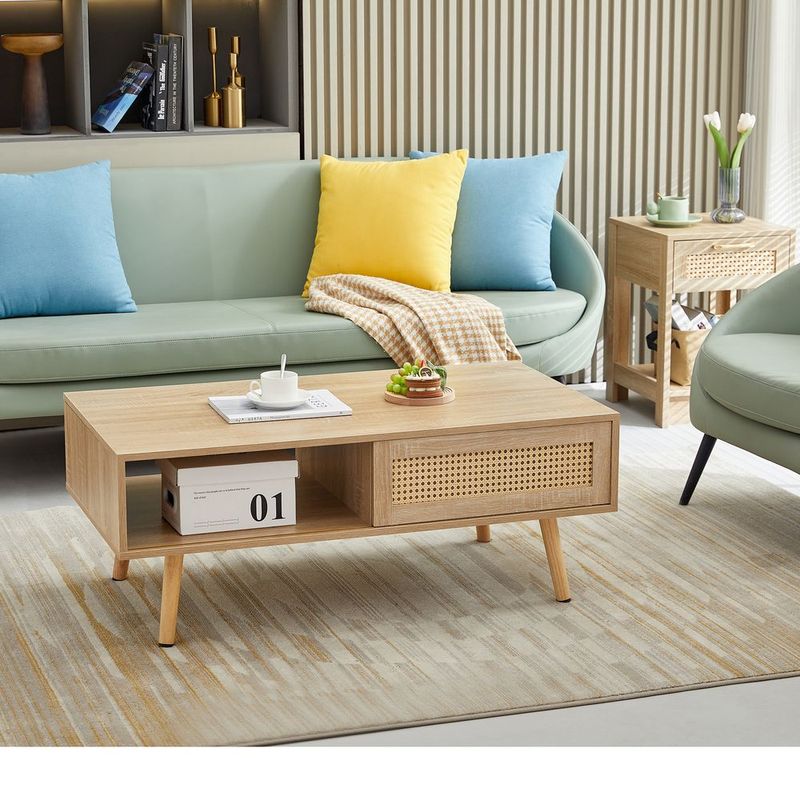 41.34' Rattan Coffee Table, Sliding Door For Storage, Solid Wood Legs, Modern Table For Living Room_voghion.com