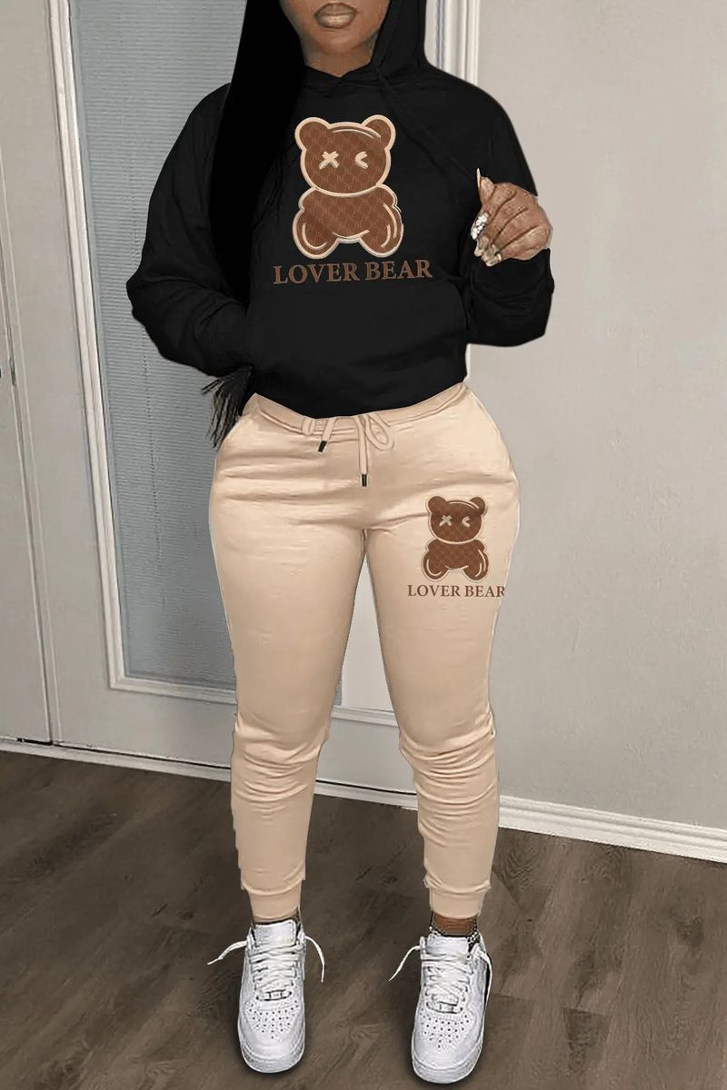 Ensemble à capuche pour femmes, pantalon de survêtement imprimé tête d'ours, à la mode_voghion.com