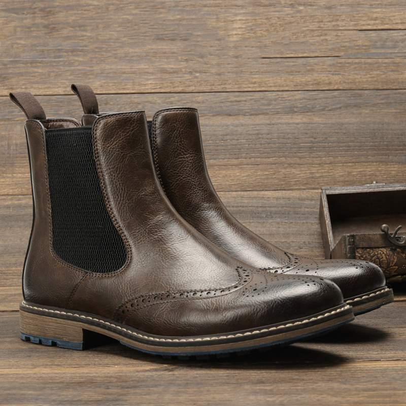 Men's Retro Chelsea Boots With Elastic Gore & Brogue Detailing – Classic Round-Toe Ankle Boots For Casual Wear_voghion.com