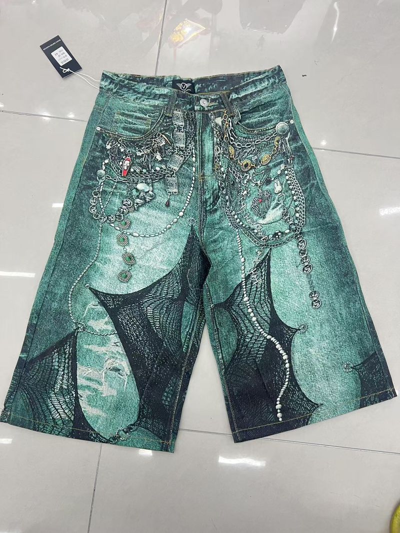 Abbigliamento maschile, nuovo preferito alla moda! Pantaloncini in denim con elementi metallici, stampa a rete, stile retrò, WL427 1_voghion.com