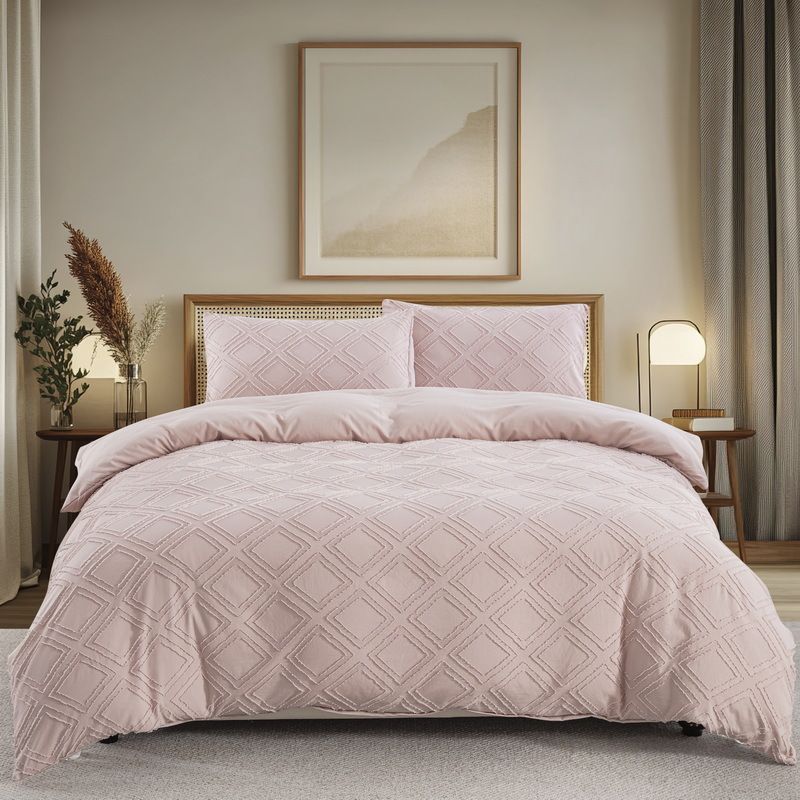 Copripiumino con ricamo a ciuffi in morbida fibra, motivo geometrico a quadri, colore rosa chiaro, set di biancheria da letto per la casa, tre pezzi_voghion.com