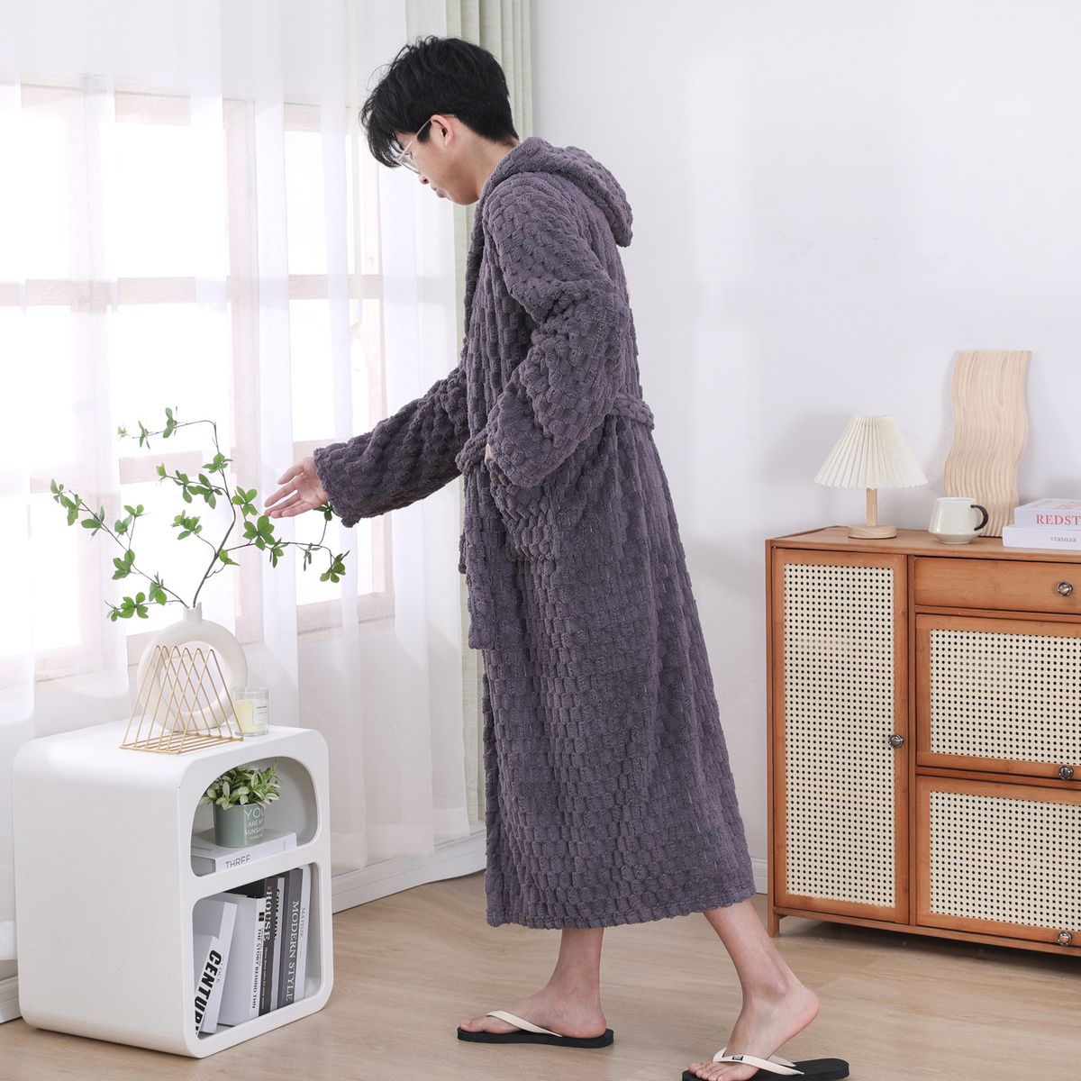 Soft Touch Micro Fleece Huva Morgonrock Plysch Lång Spa Robe Absorberande Morgonrock_voghion.com