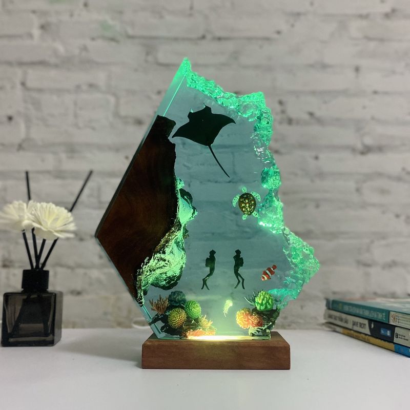 Manta Ray og par nat Epoxy Resin Light, Deep Blue Ocean Diver Gave_voghion.com
