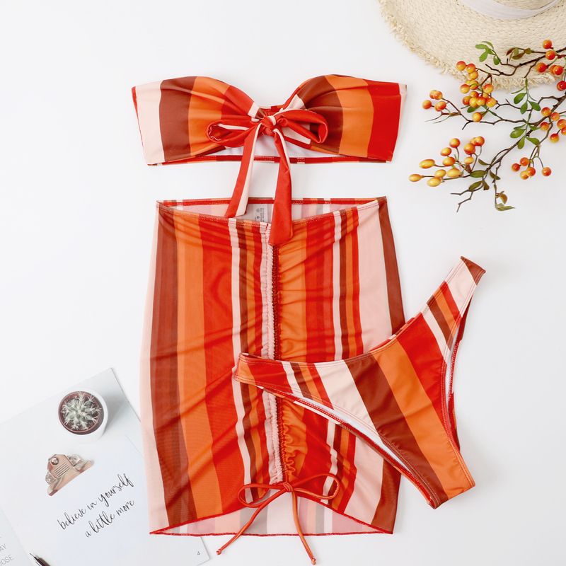 Dametøj Splitstribet Mesh-nederdel Tubetop bundet med reb Sexet Bikini Bikini Tredelt badedragt_voghion.com