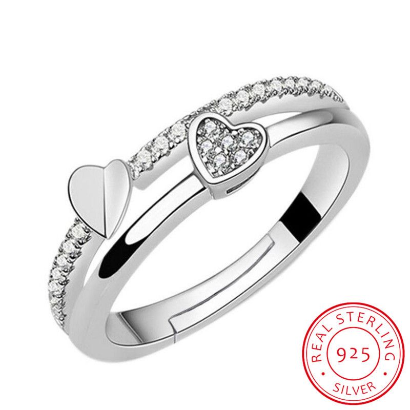 QSZB Sterling Silber Ehering für Frauen Doppelherz Zirkonia Öffnungsring Valentinstagsgeschenk S-R133_voghion.com