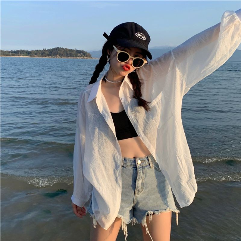 Thin Chiffon Sanya Travel White Long Sleeve Sunscreen Coat_voghion.com
