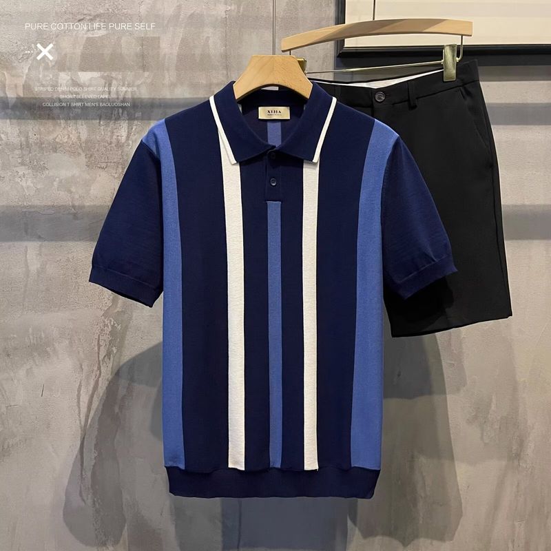 Herenkleding Zomer Ademend Holle Verticale Strepen Kleur Bijpassende Gebreide Polo Licht Volwassen Nieuw Ontwerp Revers Korte Mouw_voghion.com