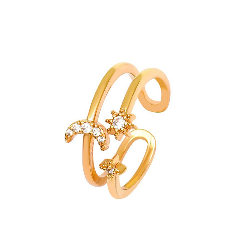 Fashion Women's Ring Three-layer Hollow Star Moon Ring Personality Diamond Five-pointed Star Opening Ring_voghion.com