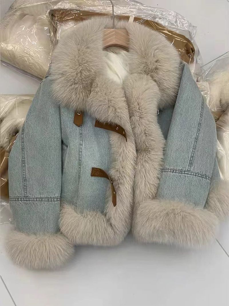 Îmbrăcăminte pentru femei, cu design în stil, cu guler de blană, jachetă de blugi albastru pentru femei, din catifea, din bumbac îngroșat, haină caldă de pluș_voghion.com