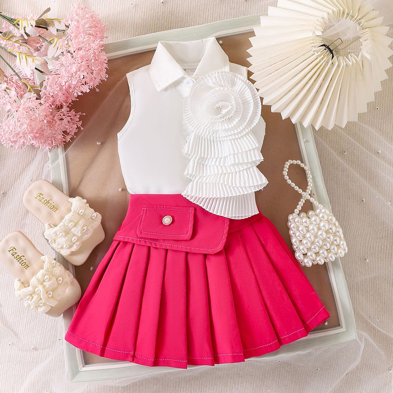 Mother & Kids Girls Suits Small Children's Lapel Sleeveless Shirt Rose Red Pleated Skirt_voghion.com