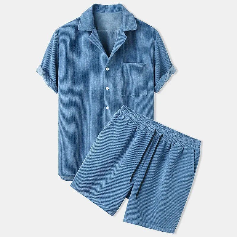 Men Outfit 2024 Men's Casual Loose Multi-color Beach Wear Corduroy Short Sleeve Suit Shirt Shorts Two-piece Set_voghion.com