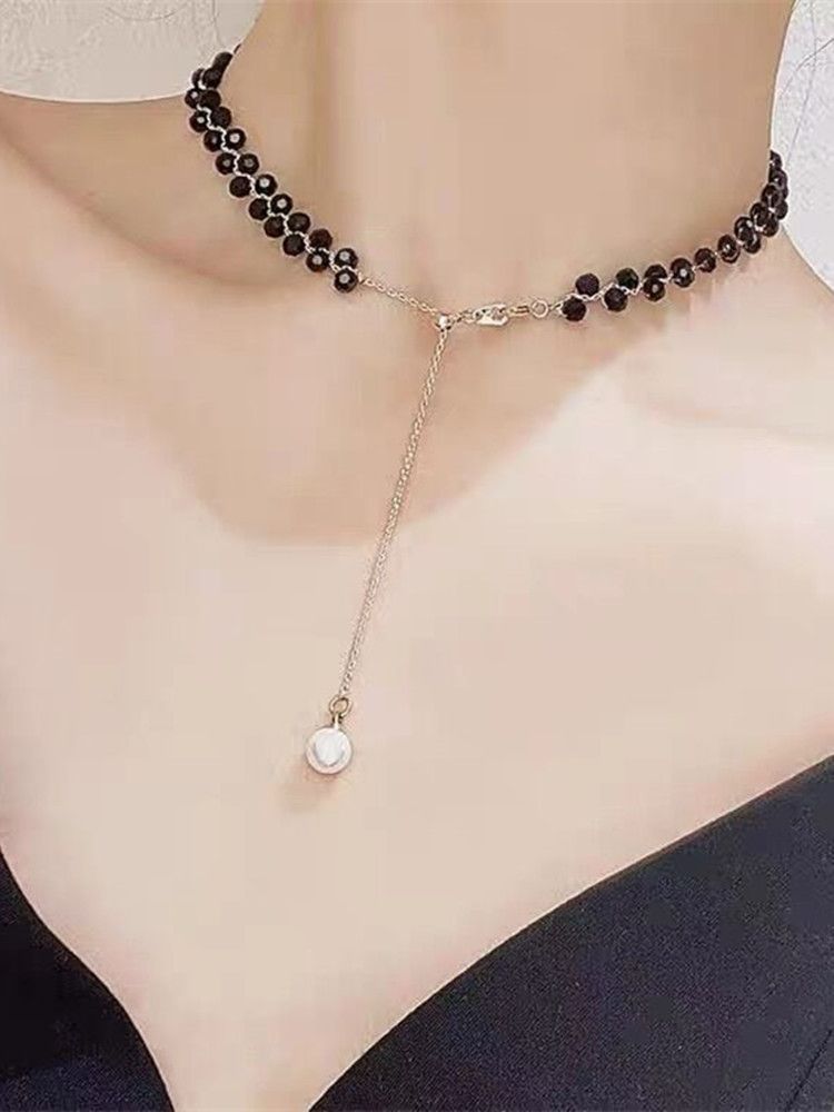 Cold style black crystal necklace new Korean temperament simple necklace net celebrity high-end clavicle chain_voghion.com
