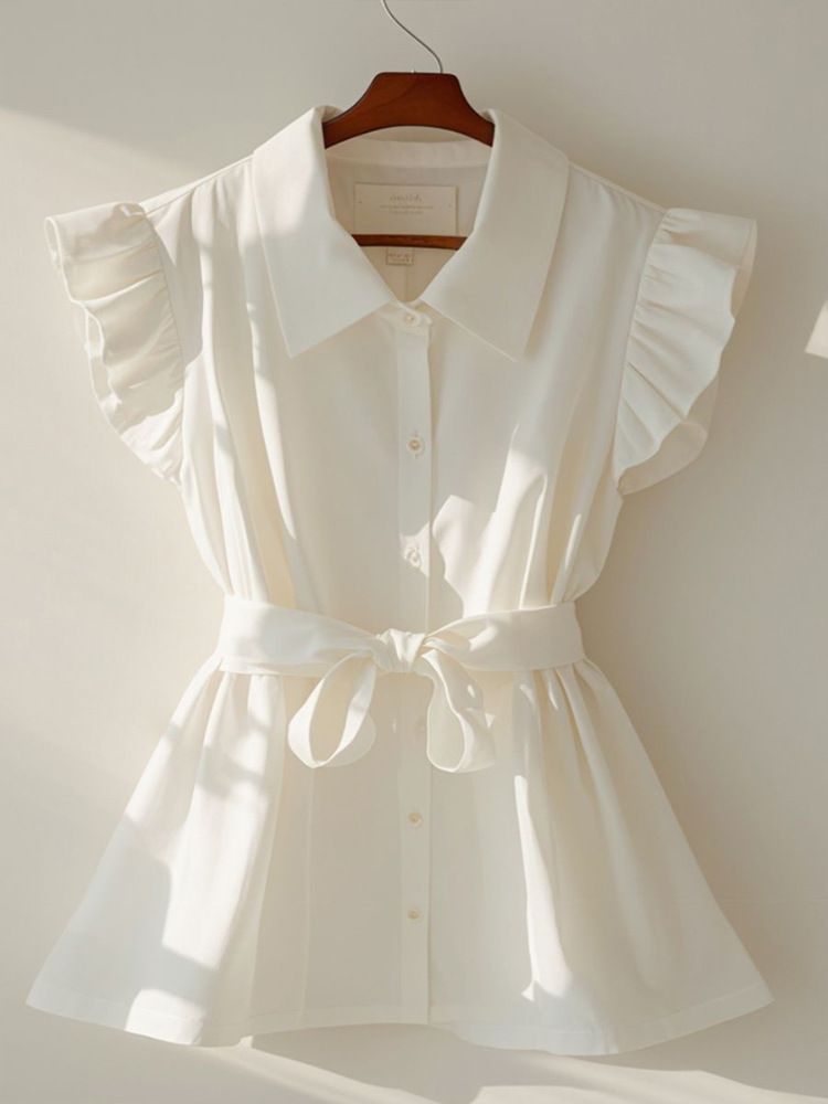 Vêtements pour femmes super belles chemises uniques de petite taille, tempérament de dame, belle fée, petites manches volantes, haut taille, chemise blanche d'été_voghion.com