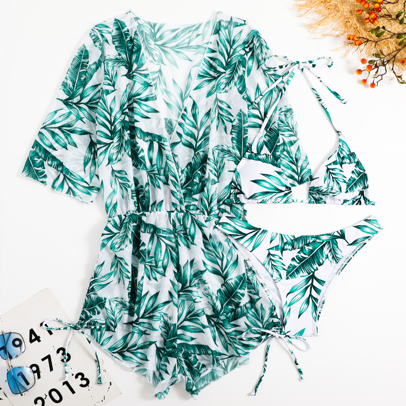 Women's digital printed split triangle bikini long sleeve concealer swimsuit_voghion.com