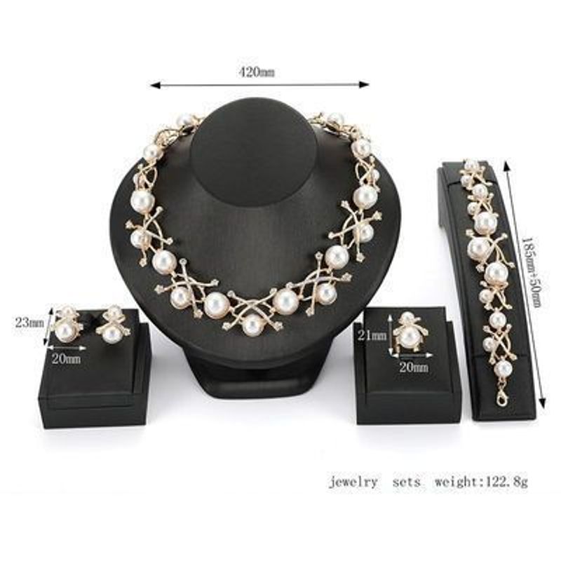 [Xiangxi] Braut Hochzeit Perlenschmuck Legierung eingelegte Diamant Halskette Ohrringe Ringe Armband vierteiliges Set_voghion.com