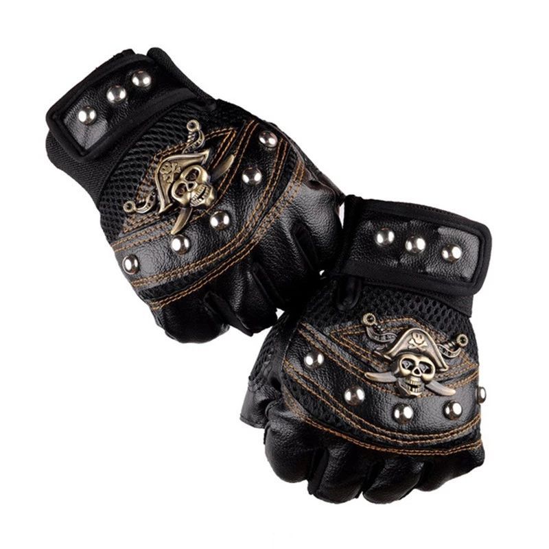 Punk Skulls Rivet PU Leather Men Women Fashion Hip Hop Anti-slip Half Finger Gloves Summer Cycg Motorcycle Accessories_voghion.com
