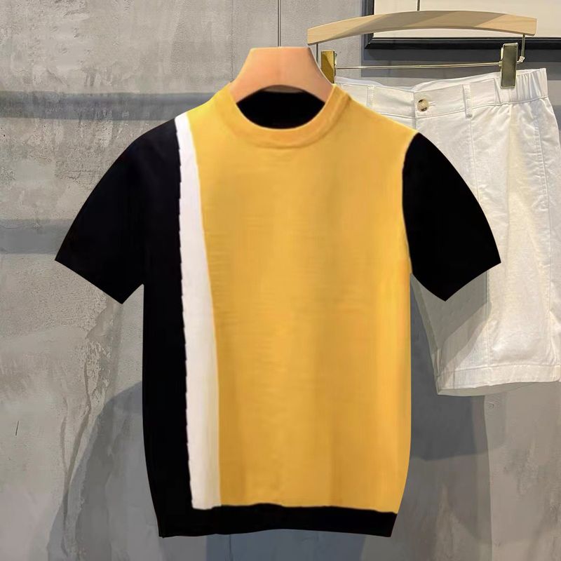 Men's Clothing Summer light mature simple fashion stitching contrast color knitted sweater men youth round neck slim fit all match knitted T shirt men_voghion.com