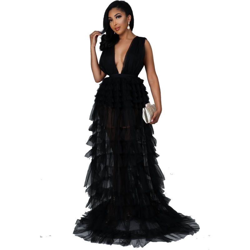 Robe de soirée plissée taille haute à col en V sexy pour femme, vêtement de style ethnique noir, jupe longue à bretelles_voghion.com