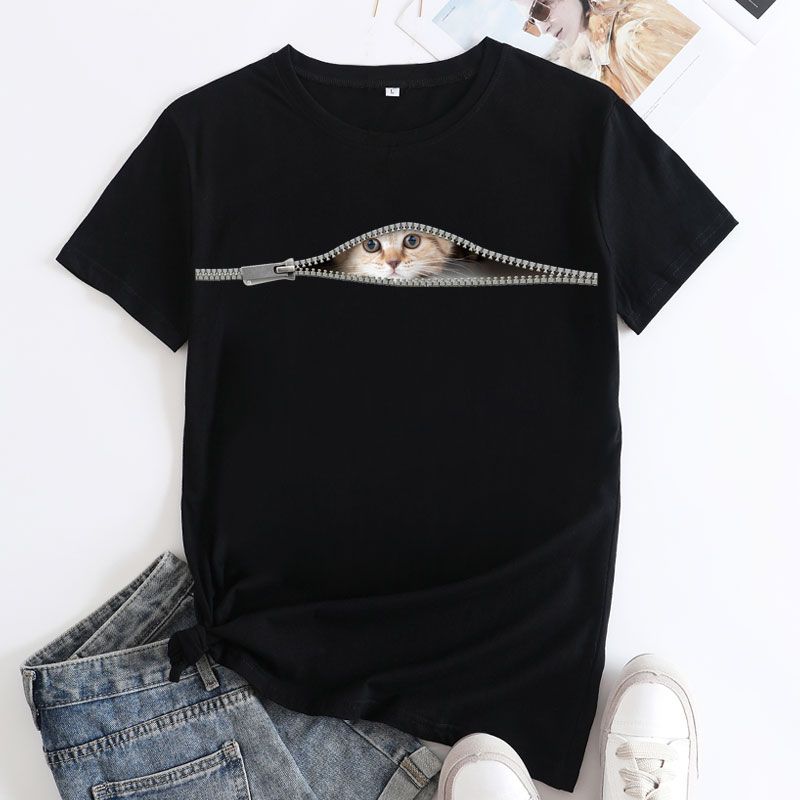 T-shirt da donna T-shirt allentata con stampa gatto T-shirt a maniche corte per il commercio estero da donna estiva_voghion.com