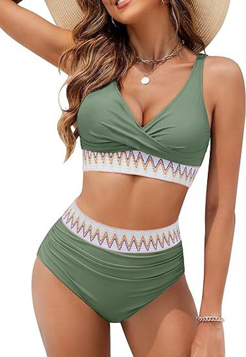 Ensemble deux pièces pour femme, bikini froncé à col en V et ruban_voghion.com