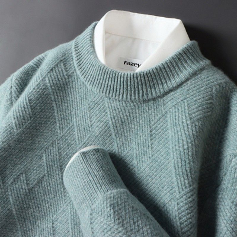 Herrenbekleidung Lockerer, dicker Jacquard-Pullover mit Rundhalsausschnitt Grobstrickpullover mit Jacquard-Muster, entspannte Passform, Pullover aus reiner Wolle für Herbst und Winter​_voghion.com