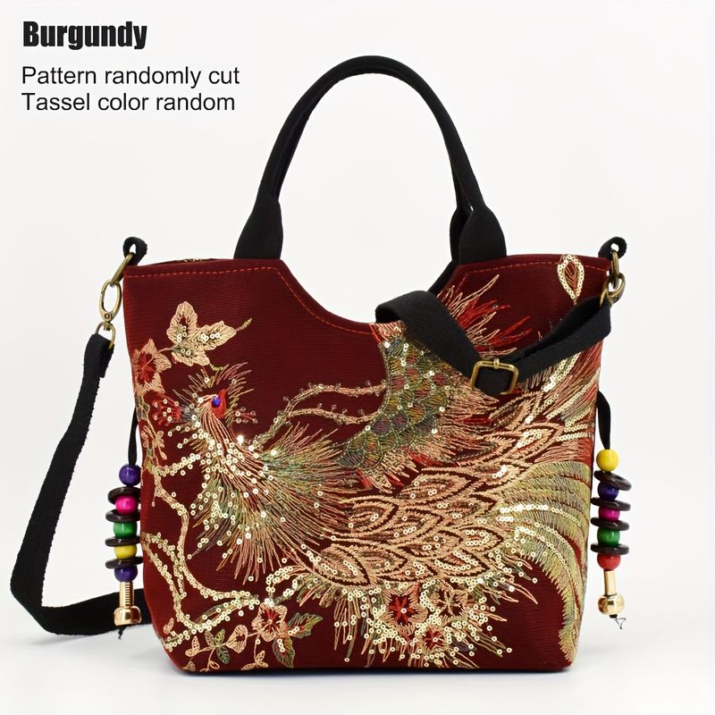 Borsa a tracolla ricamata da donna, borsa alla moda con doppio manico, borsa in stile retrò con tracolla rimovibile_voghion.com