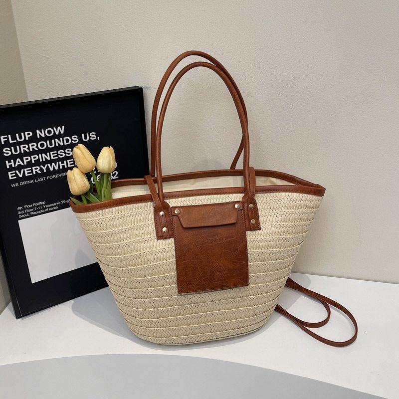 Women's Bucket Bag Travel Holiday Wind Straw Bag Women's Fashion Woven Tote Bag Large Capacity Beach Bag_voghion.com