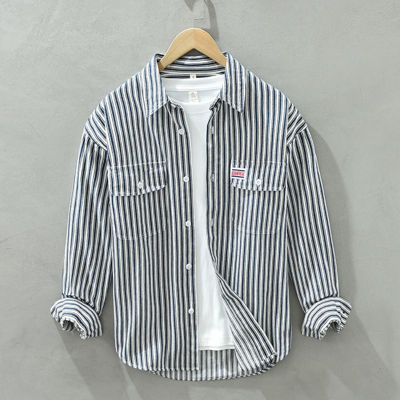 2126 algodão listrado camisa masculina de manga comprida solta camisa casual fresco literário jaqueta masculina uma peça cabelo_voghion.com