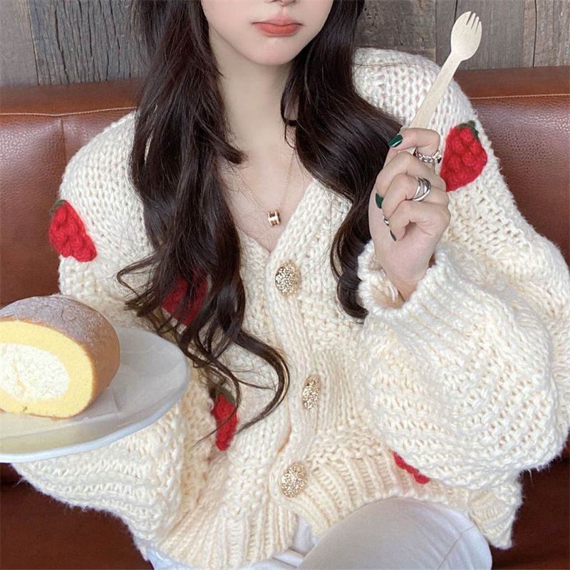 Süßer grober Wollpullover mit Erdbeerstickerei für Damen, V-Ausschnitt, Strickpullover für Damen_voghion.com
