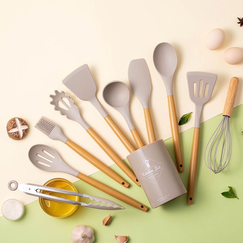Utensílios de cozinha de silicone com alça PP, conjunto de 12 peças, espátula antiaderente, utensílios de cozinha_voghion.com