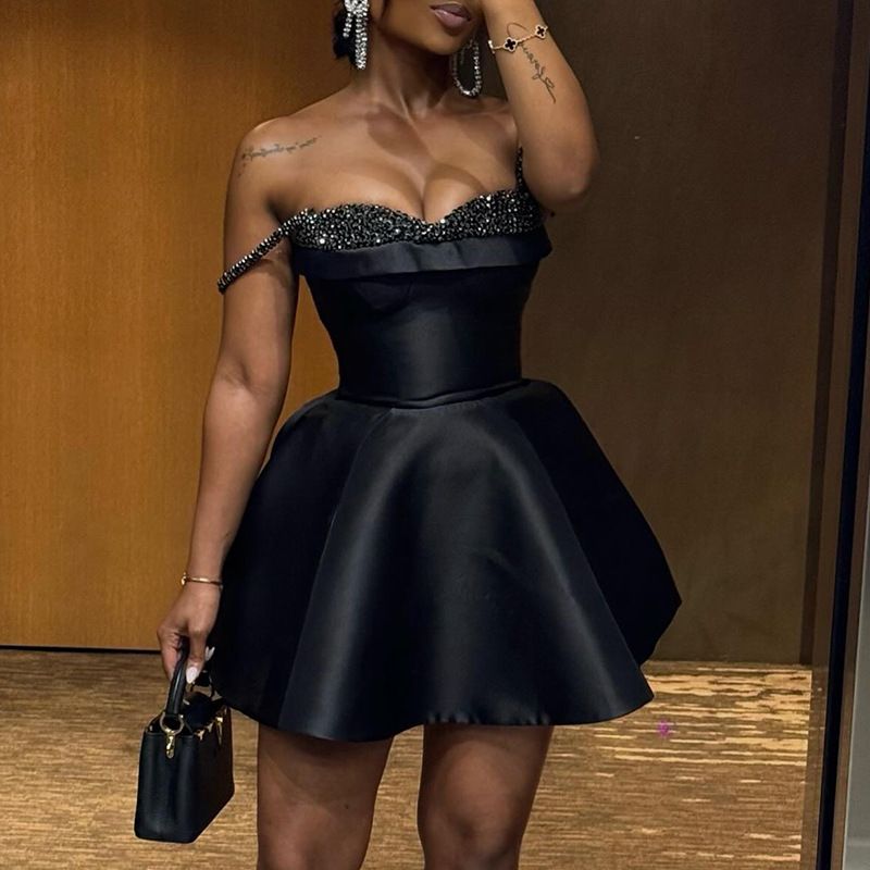 Dametøj Forår Ny Stil Elegant Paillet Splicing Tube Top Suspender Kjole Kort Nederdel_voghion.com
