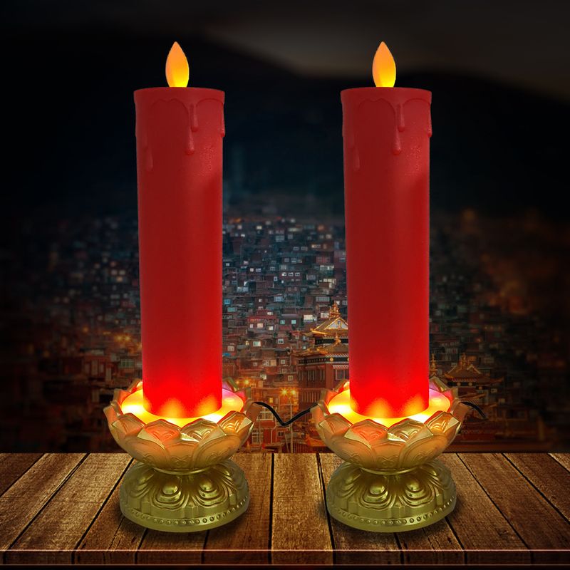 2-Pack Yellow Flashing LED Buddhist Altar Candles With Realistic Swinging Flame, Plastic Cylinder Religious Candles_voghion.com