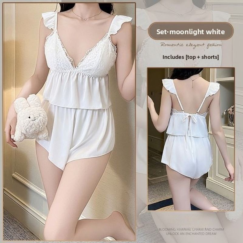 V-Neck Lace Padded Sling Homewear, Tailored For Fashion-Forward Women Seeking Leisure Elegance_voghion.com