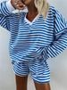 Casual Striped Suit For Women V-neck Long-sleeved Loose Top Paired With Shorts In The Same Color Ladies Spring Summer 2piece Set_voghion.com