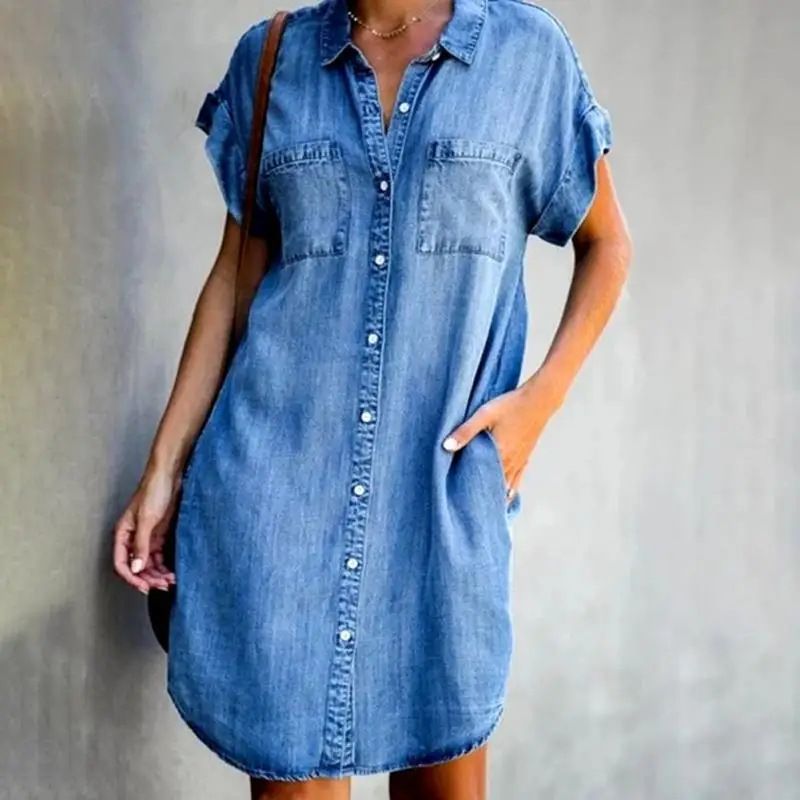 Abito da donna con risvolto e maniche corte, aderente, in denim_voghion.com