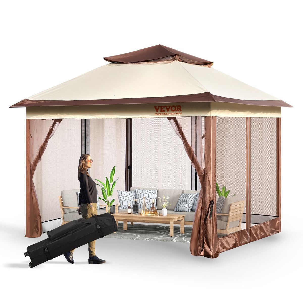 VEVOR Patio Gazebo, 11 x 11 FT Pop up Gazebo for 8-10 Person, with Mosquito Netting, Metal Frame, and PU Coated 250D Oxford Cloth, Outdoor Canopy Shel_voghion.com