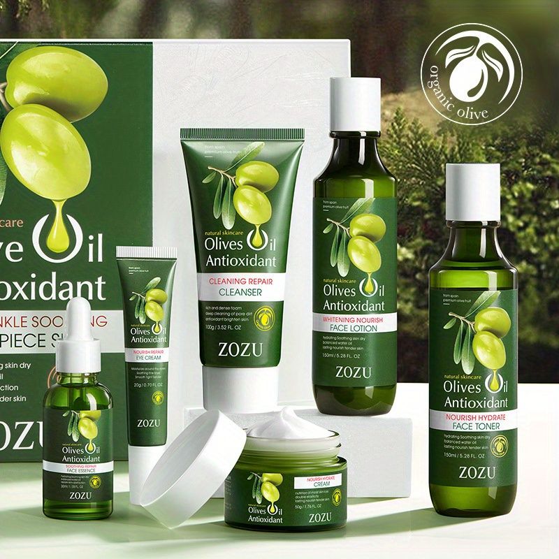 Set di sei prodotti per la cura della pelle del viso antirughe e lenitivi all'oliva, idratanti e nutrienti per la pelle, rendendola soda ed elastica._voghion.com