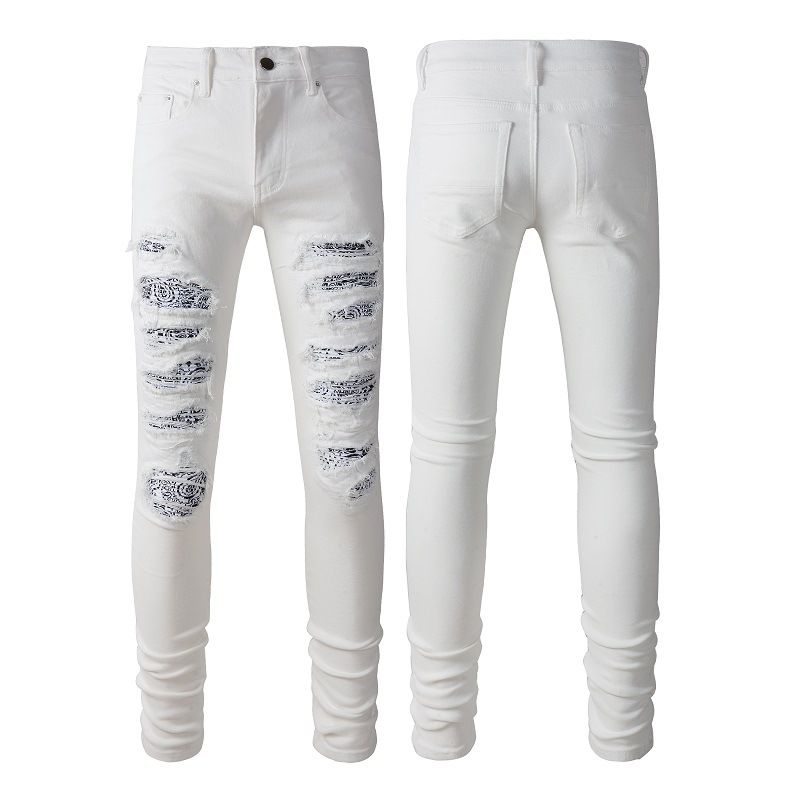 Men's Clothing American Fashion Casual High Street White Jeans Men's Slim Elastic Ripped White Men's Pants 592_voghion.com