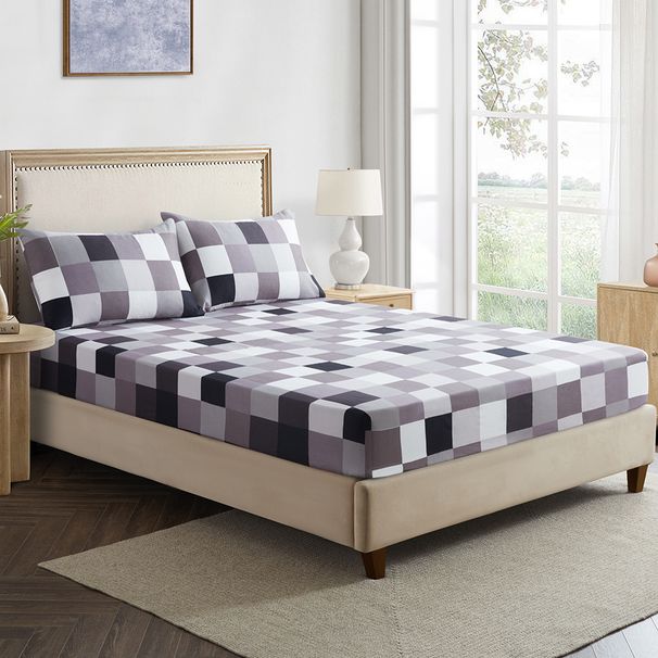 Housse de matelas à carreaux géométriques en polyester doux pour la peau_voghion.com