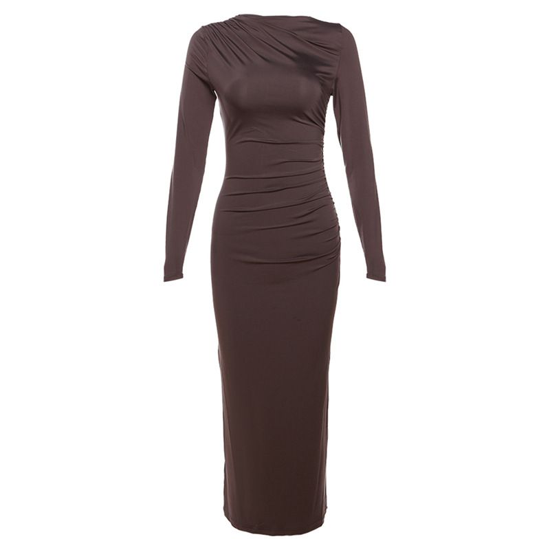Robe de tempérament de couleur unie à manches longues et col rond pour femme, style européen et américain, nouvelle collection automne et hiver_voghion.com